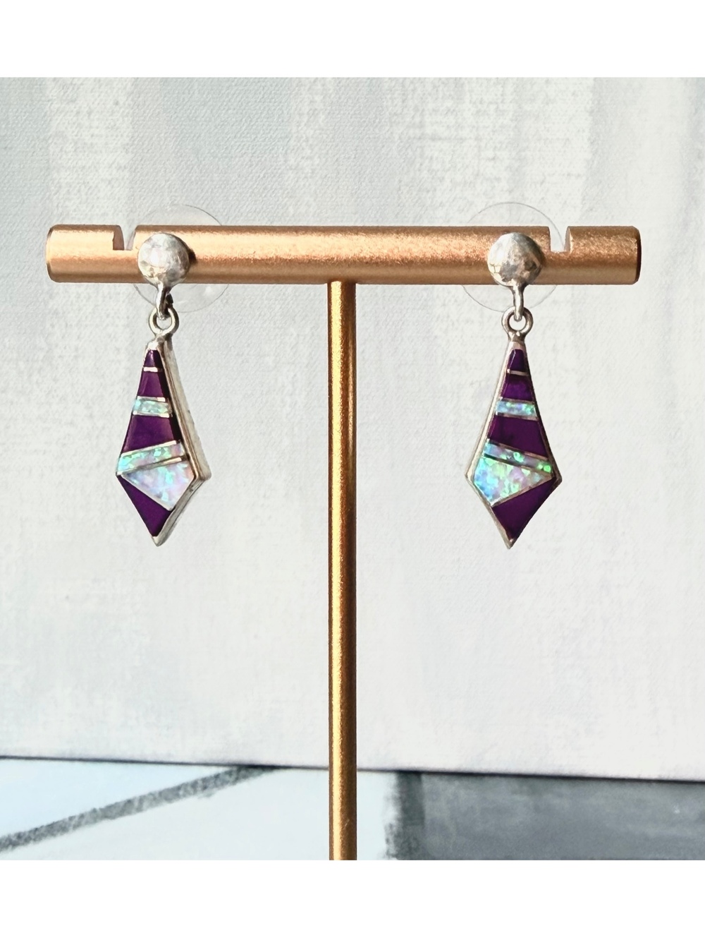 VTG 925 Sterling Sugilite Opal Zuni Style Inlay Earrings - Picture 6 of 6